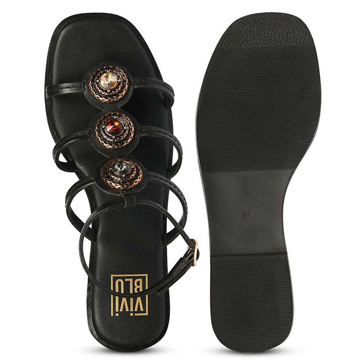 Natalie Black Leather Flat Sandals