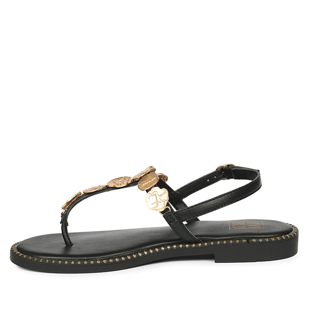 Averie Black Leather Flat Sandals