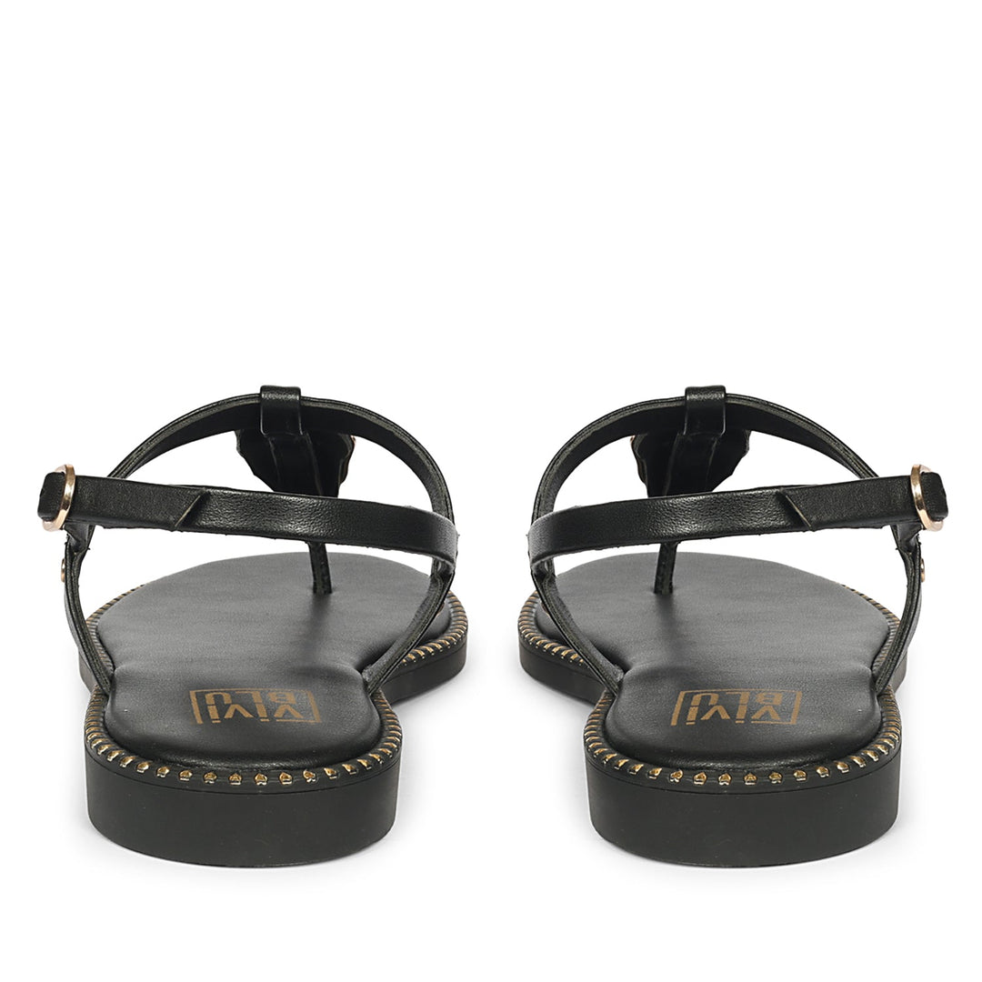 Alma Black Leather Flat Sandals