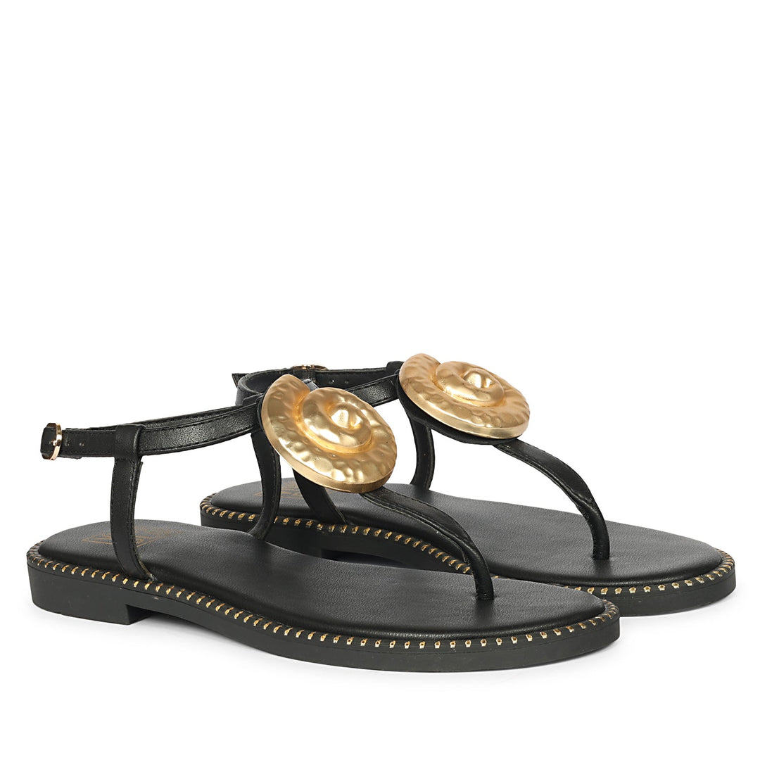 Amalia Black Leather Flat Sandals