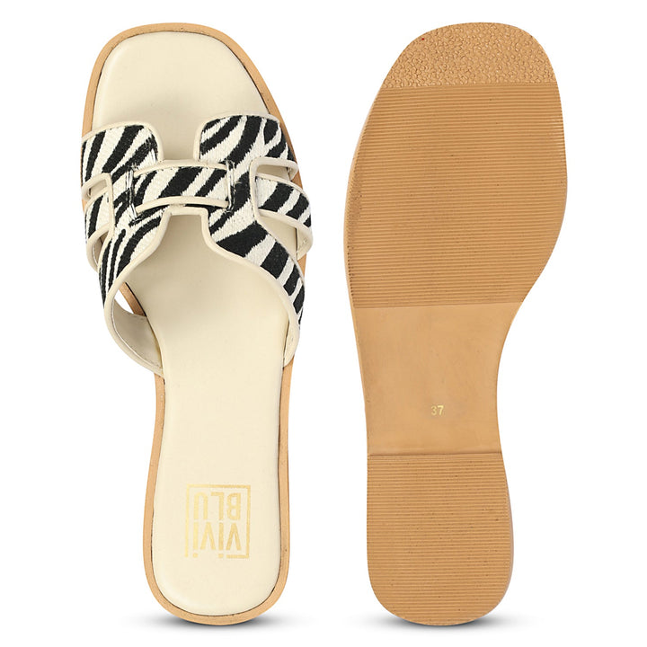 Aliana Black & Cream Leather Flat Sandals