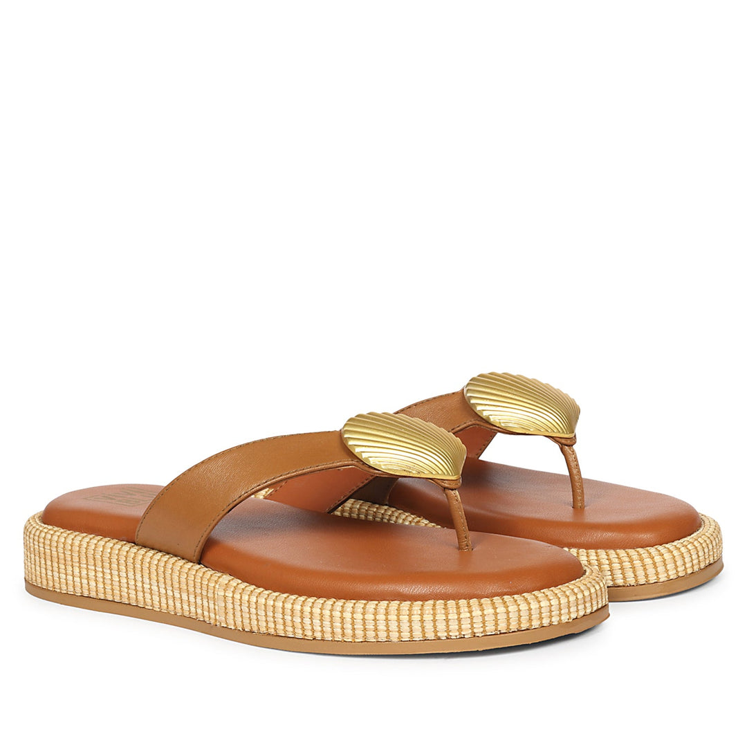 Elle Tan Leather Flat Sandals