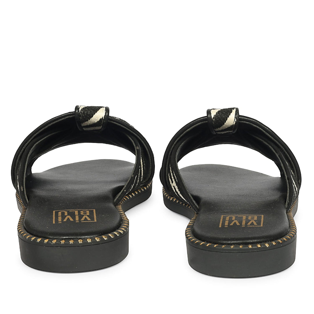 Jaylani Black White Leather Flat Sandals