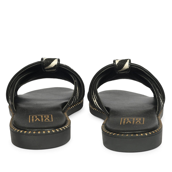 Jaylani Black White Leather Flat Sandals