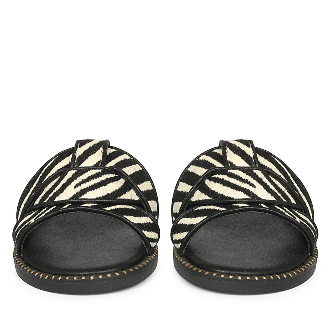 Jaylani Black White Leather Flat Sandals