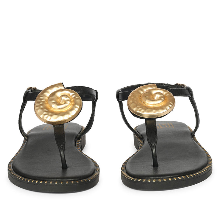 Amalia Black Leather Flat Sandals