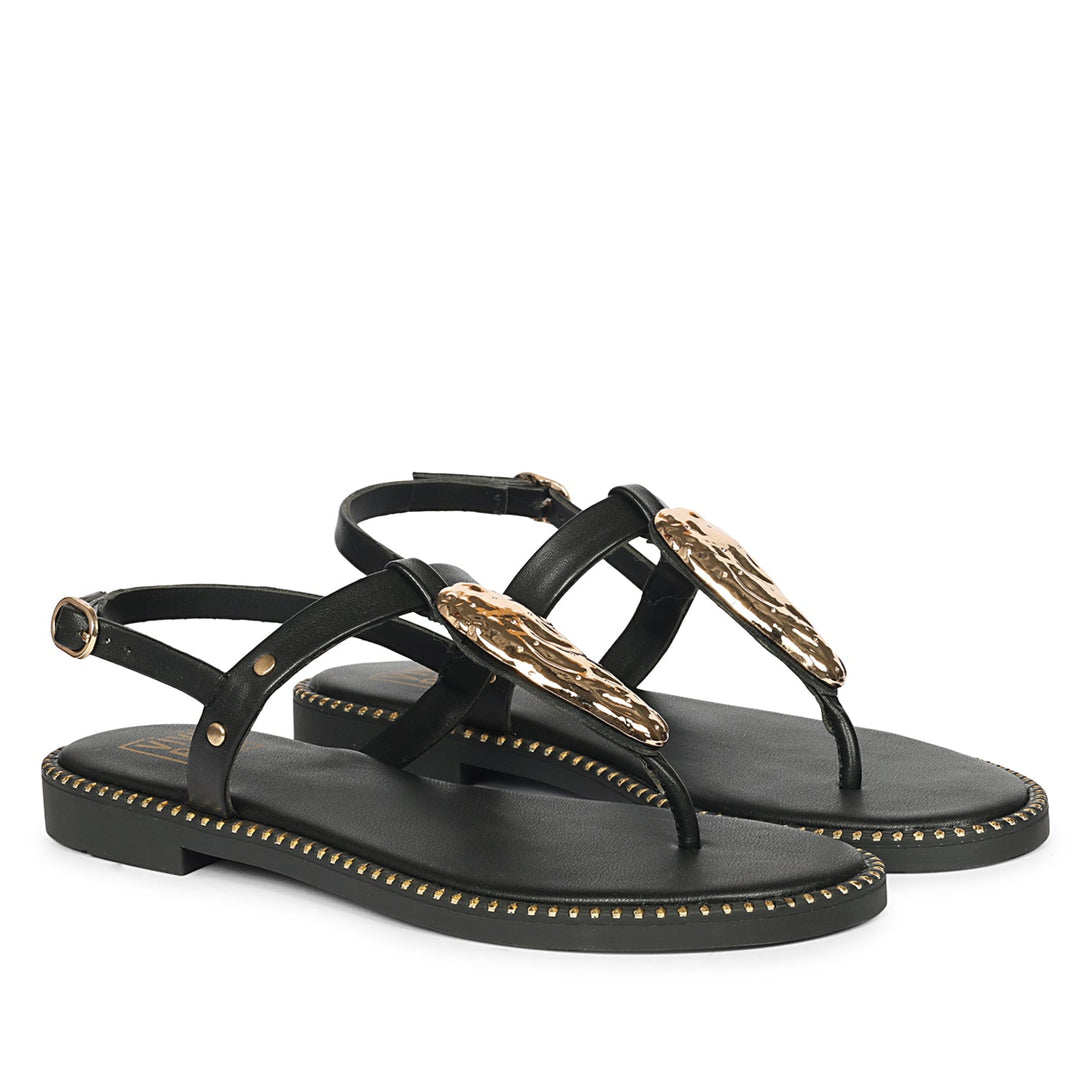 Alma Black Leather Flat Sandals