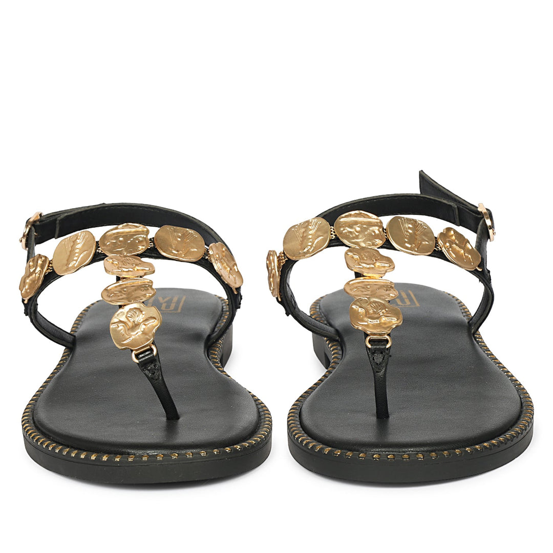 Averie Black Leather Flat Sandals