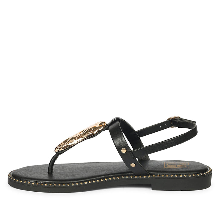 Alma Black Leather Flat Sandals