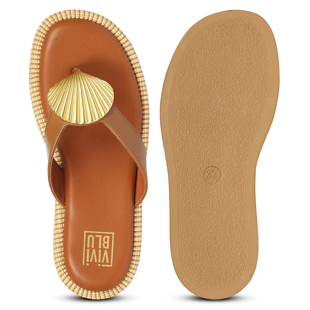Elle Tan Leather Flat Sandals