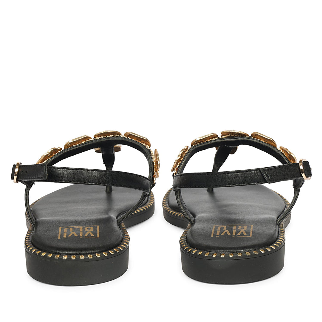 Averie Black Leather Flat Sandals