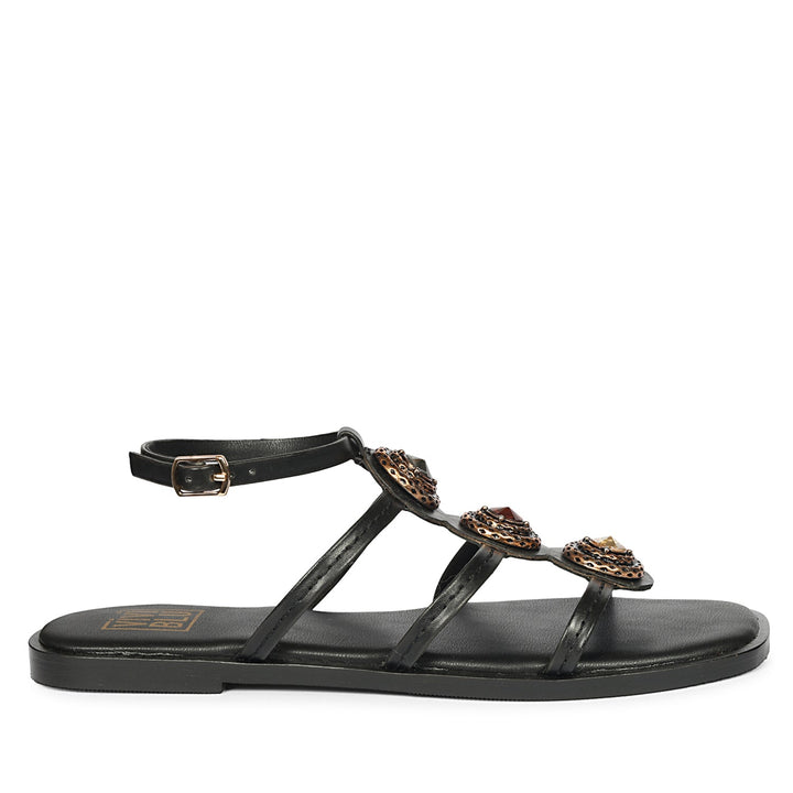 Natalie Black Leather Flat Sandals