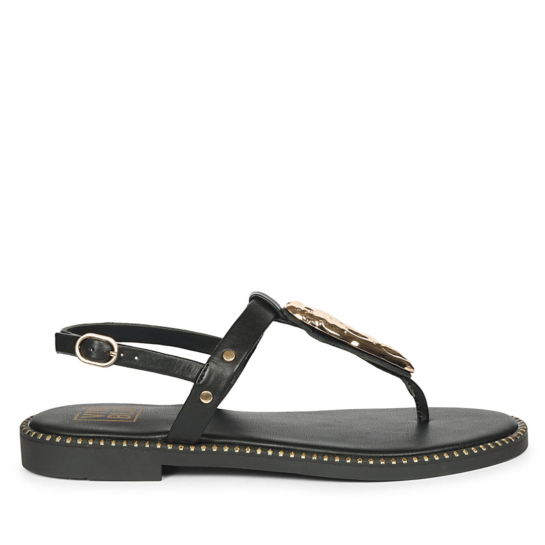 Alma Black Leather Flat Sandals