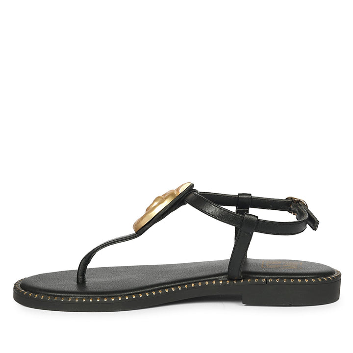 Amalia Black Leather Flat Sandals