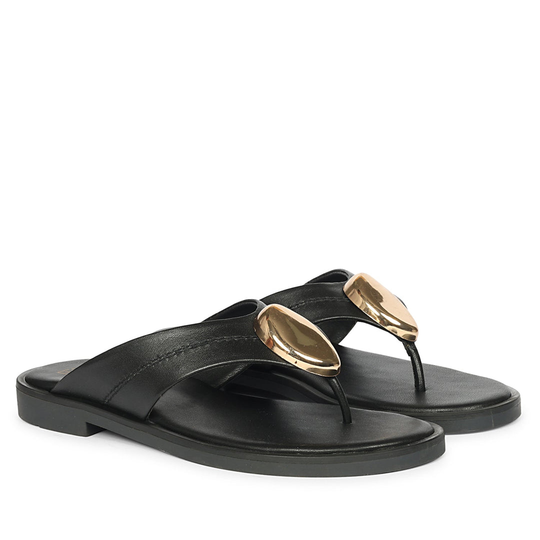 Leyla Black Leather Flat Sandals
