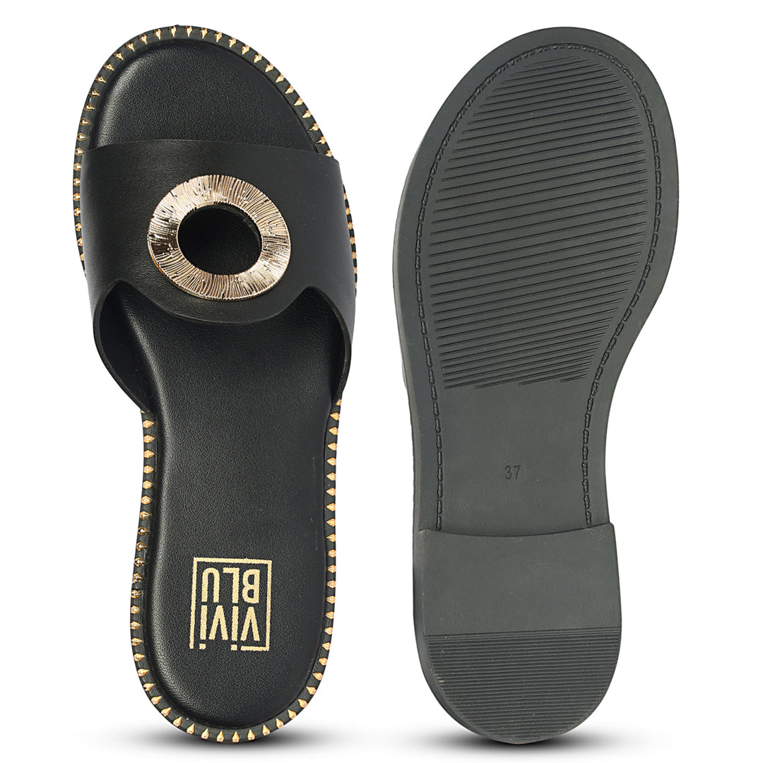 Freja Black Leather Flat Sandals