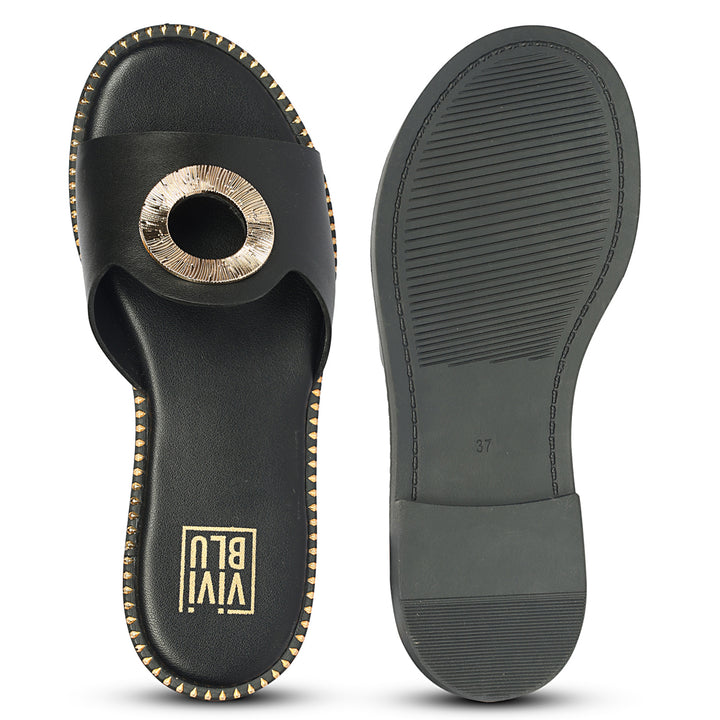 Freja Black Leather Flat Sandals