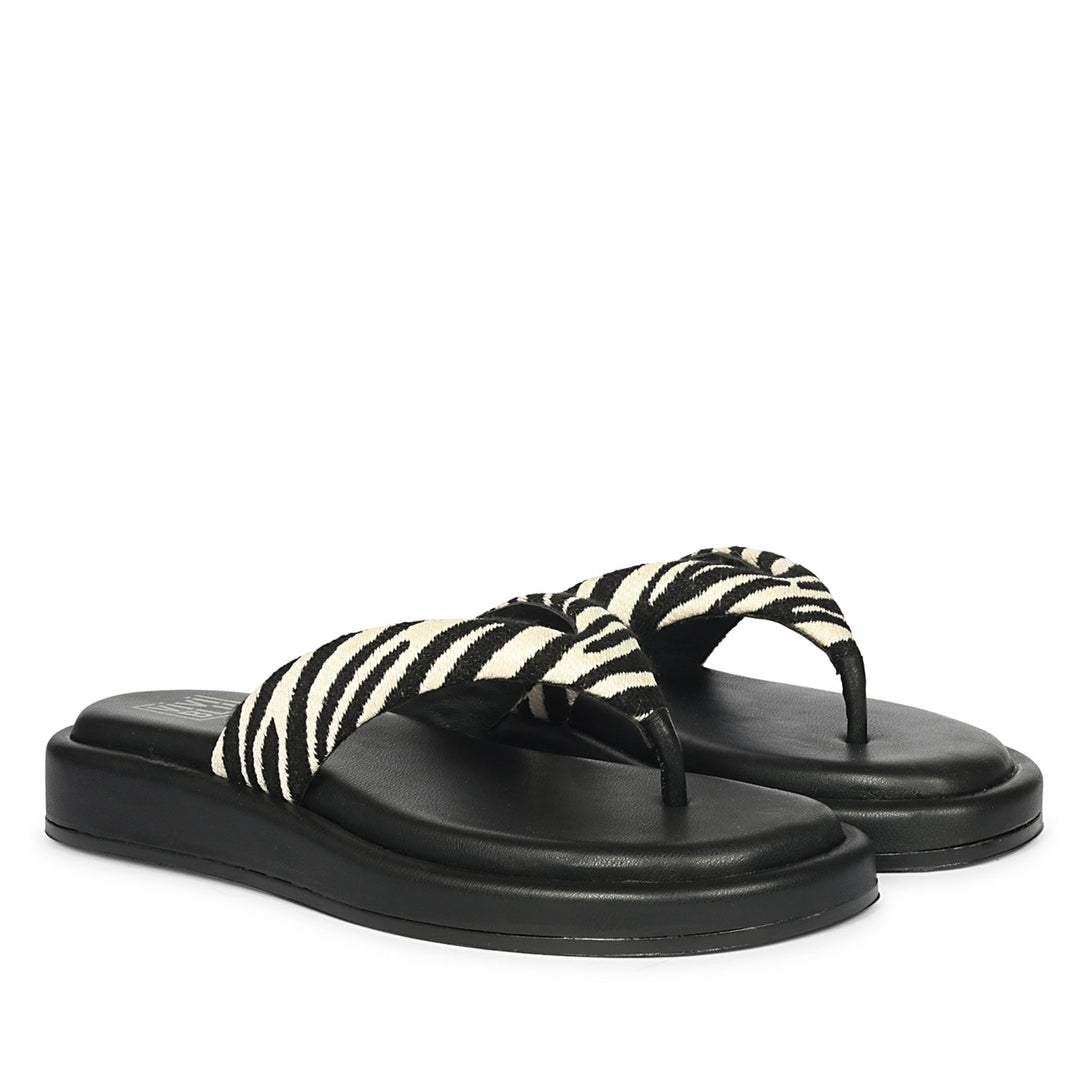 Jolene Black White Leather Flat Sandals