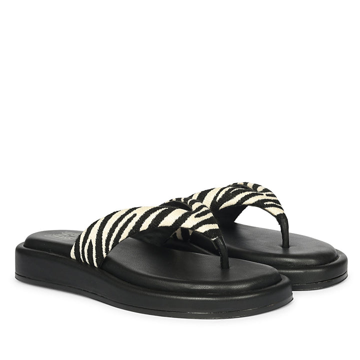 Jolene Black White Leather Flat Sandals