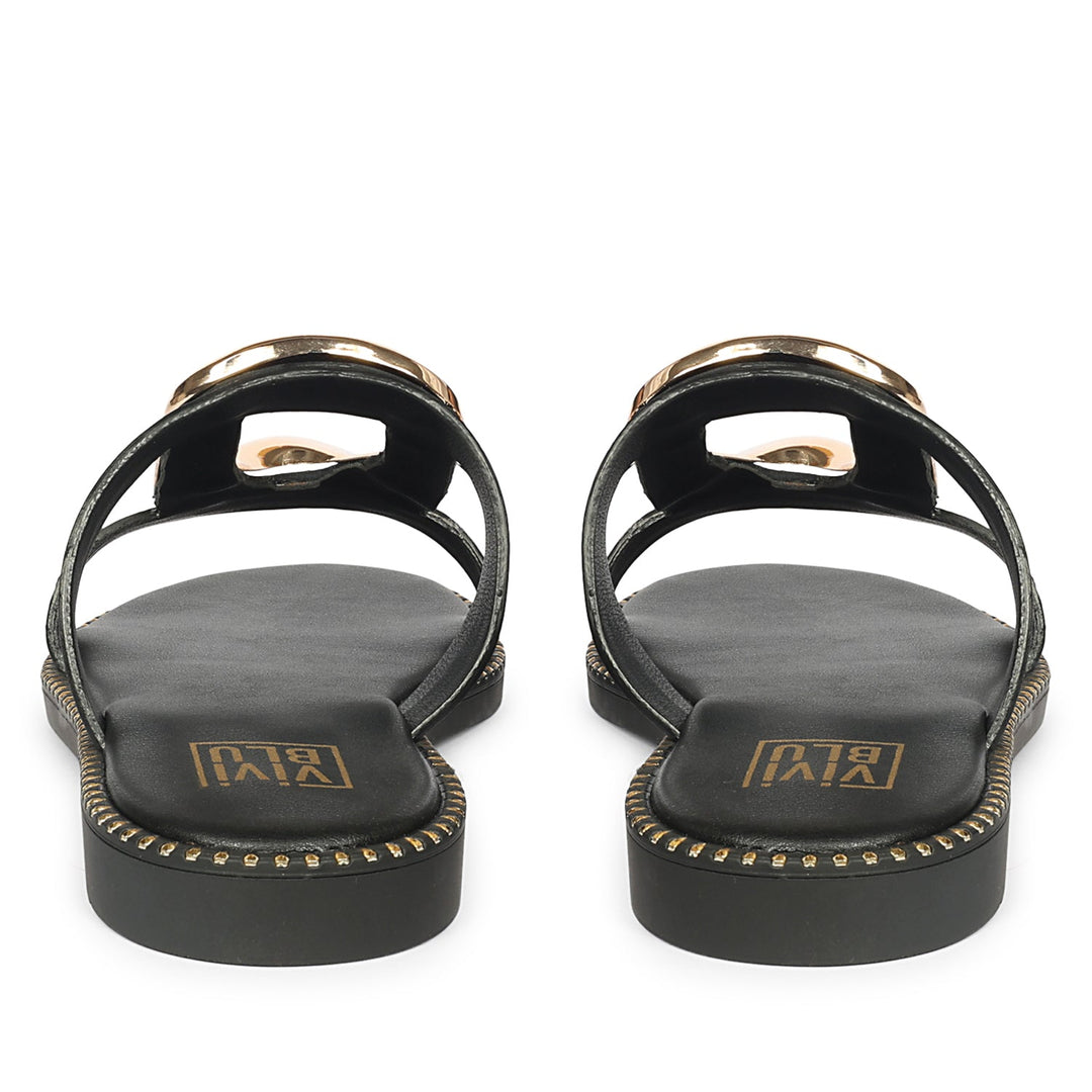 Reina Black Leather Flat Sandals