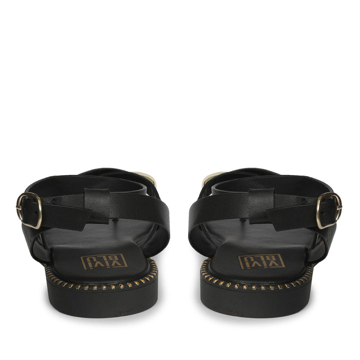 Reyna Black Leather Flat Sandals
