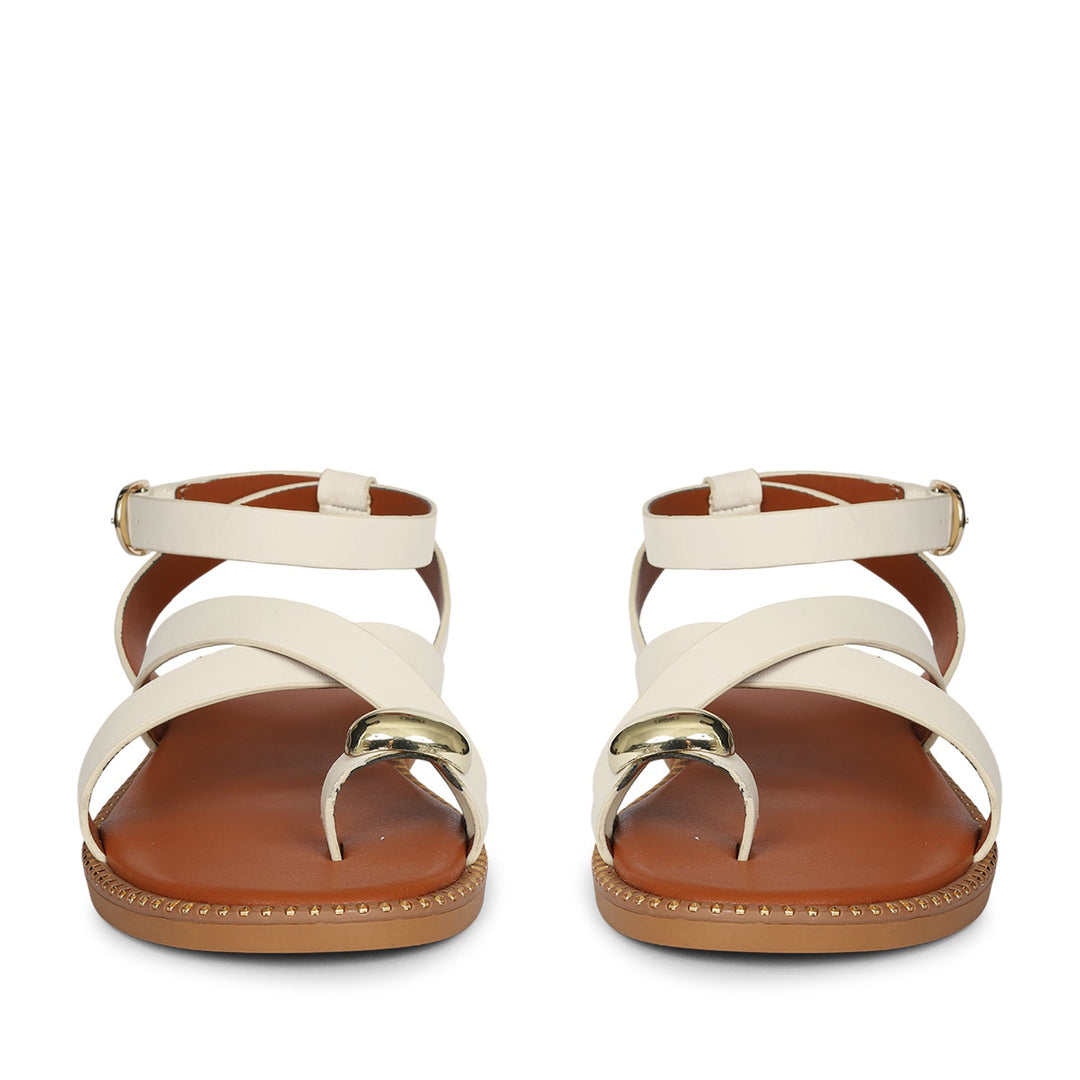 Reyna Off White Leather Flat Sandals