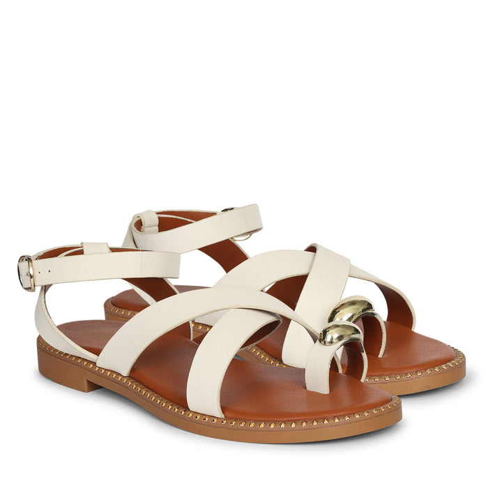 Reyna Off White Leather Flat Sandals