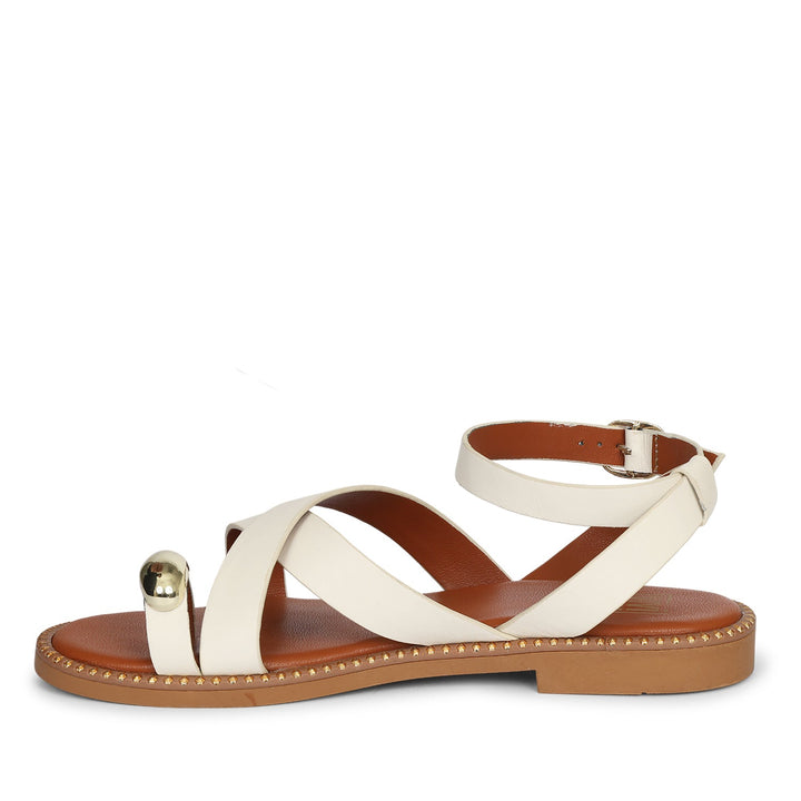 Reyna Off White Leather Flat Sandals