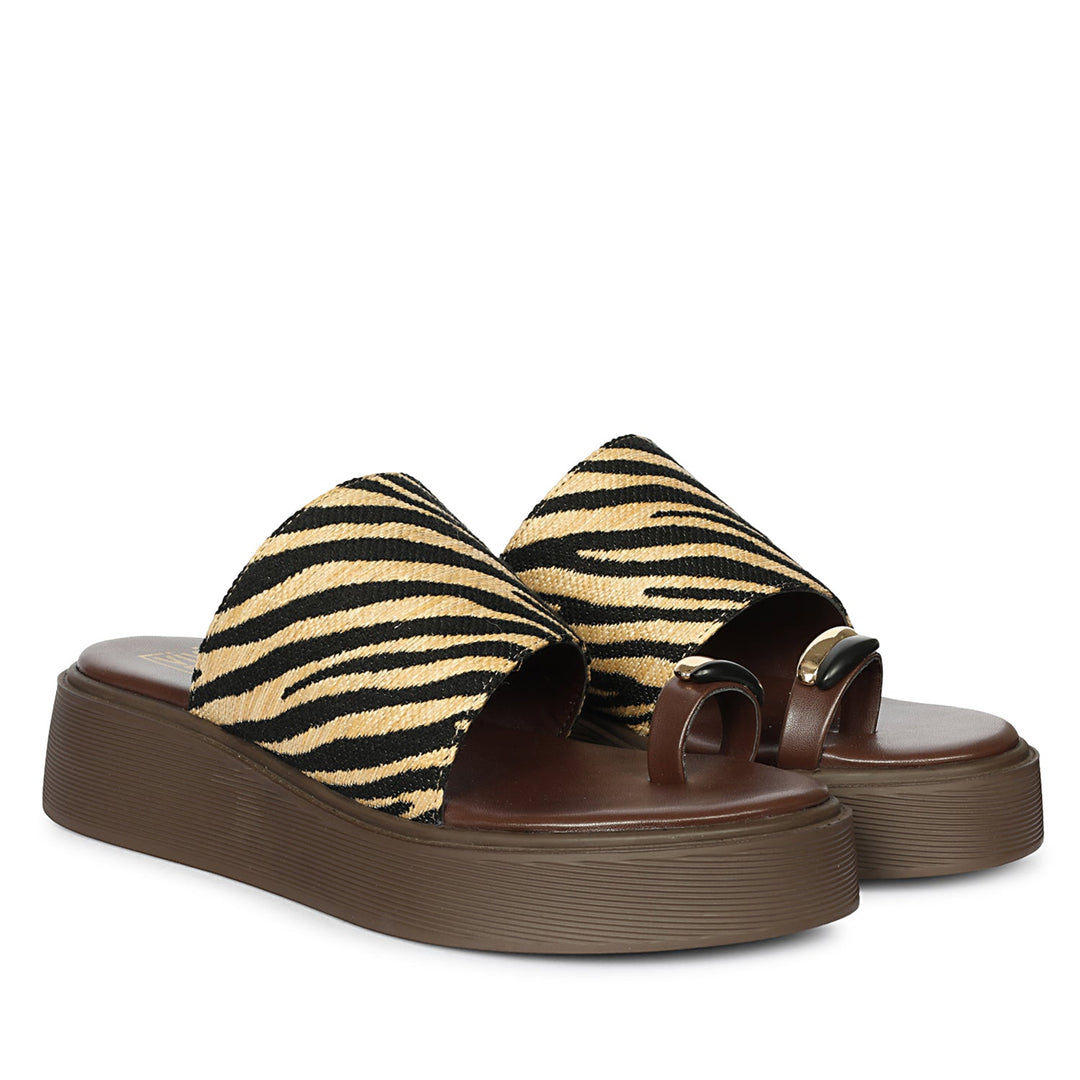 Madelyn Black Beige Zebra Leather Platform Sandals