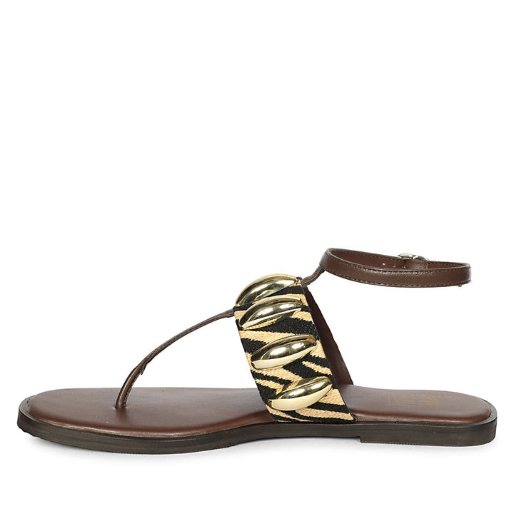 Arlette Black Beige Leather Flat Sandals