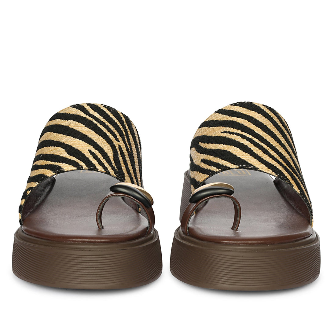 Madelyn Black Beige Zebra Leather Platform Sandals