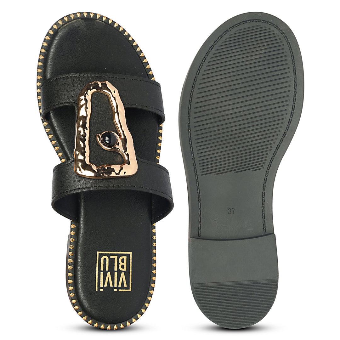 Catalina Black Leather Flat Sandals