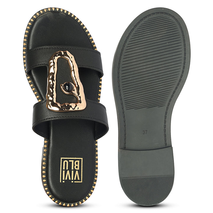 Catalina Black Leather Flat Sandals