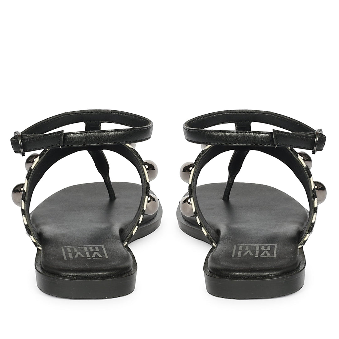 Arlette Black White Leather Flat Sandals