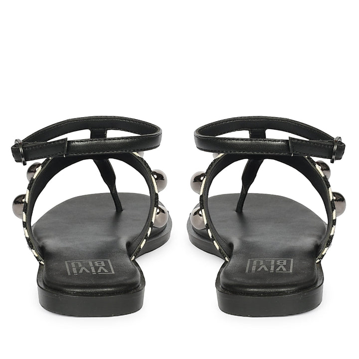 Arlette Black White Leather Flat Sandals