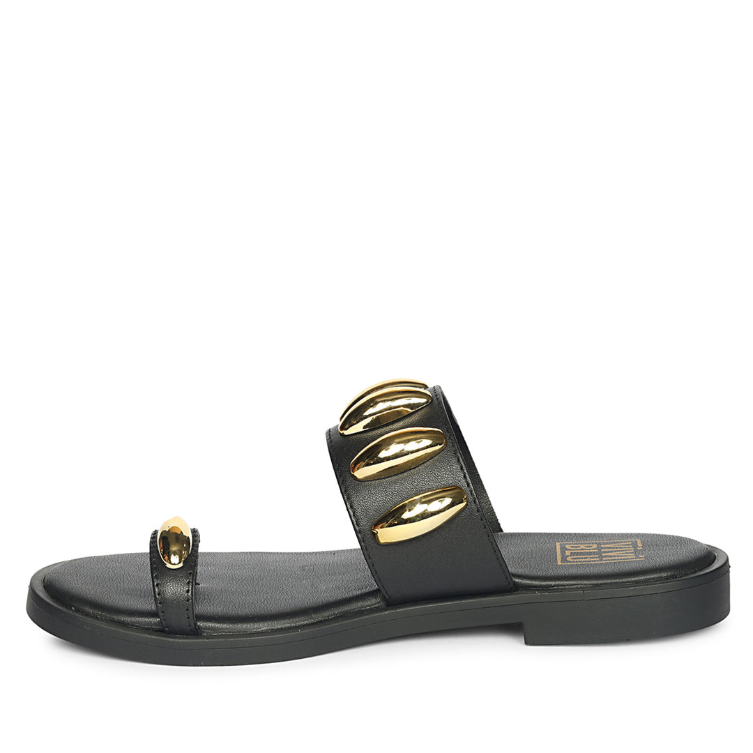 Maren Black Leather Flat Sandals