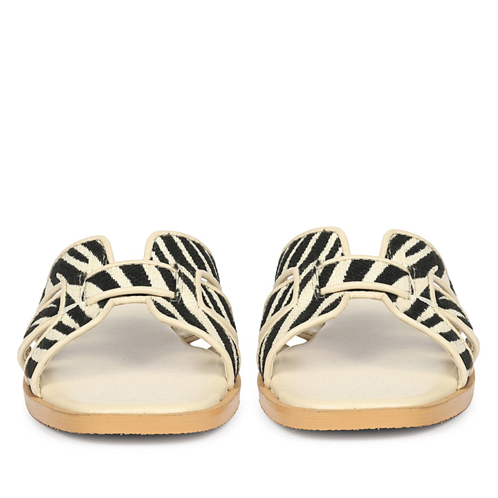 Aliana Black & Cream Leather Flat Sandals
