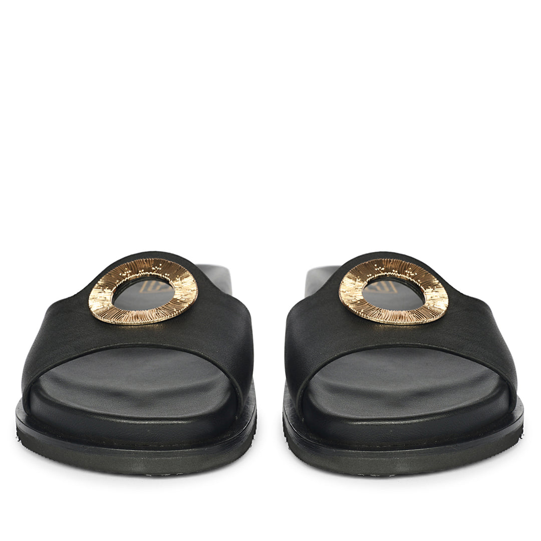 Tilda Black Leather Flat Sandals