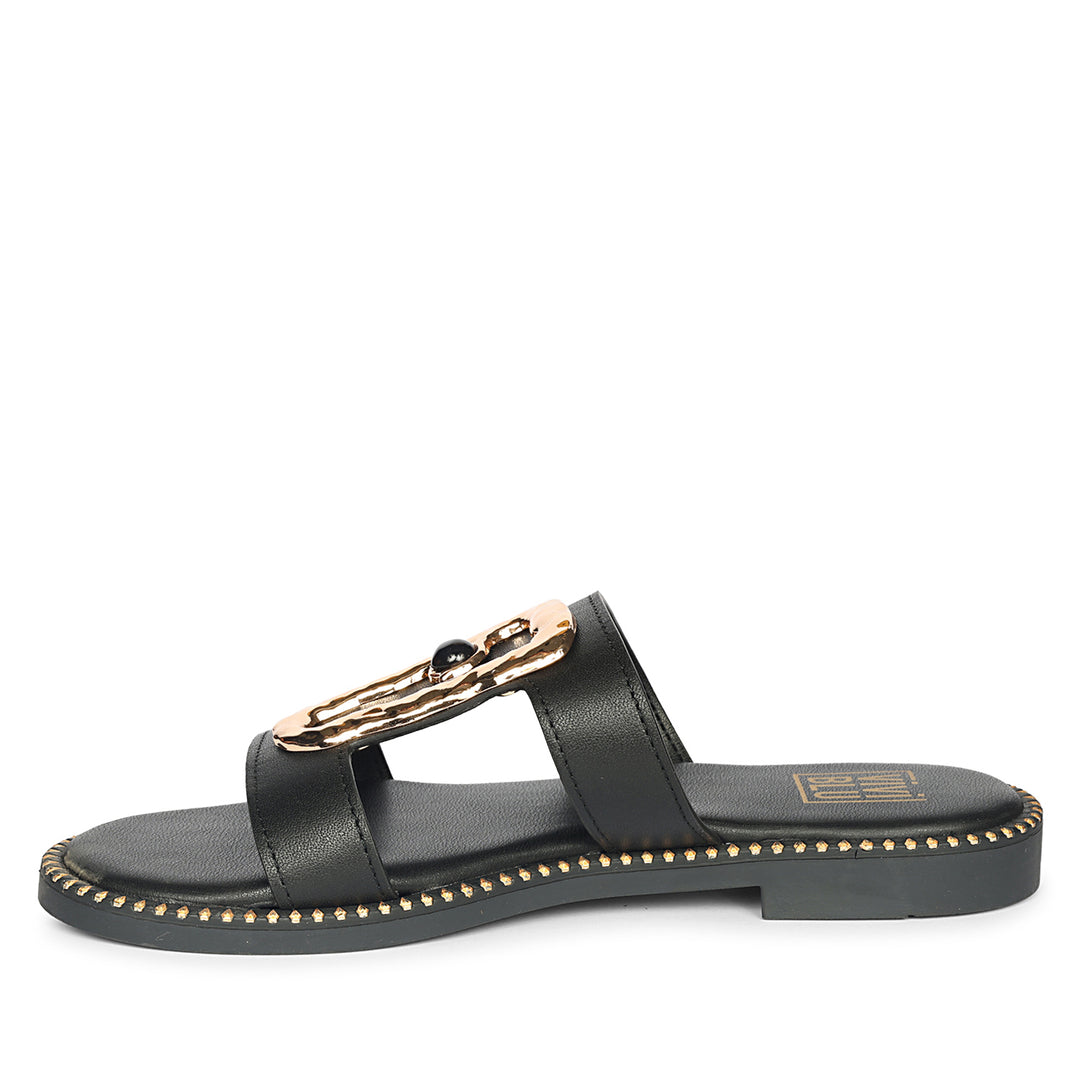 Catalina Black Leather Flat Sandals