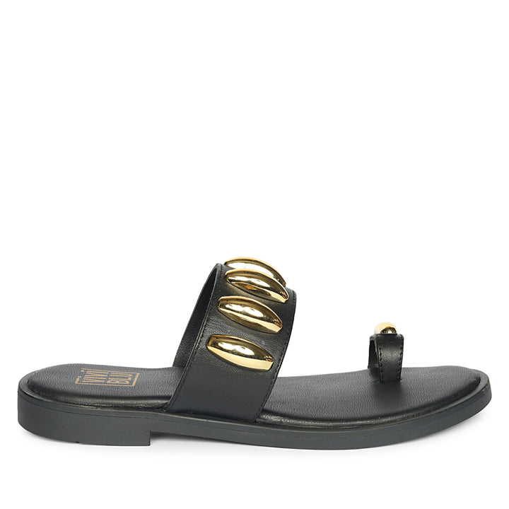 Maren Black Leather Flat Sandals