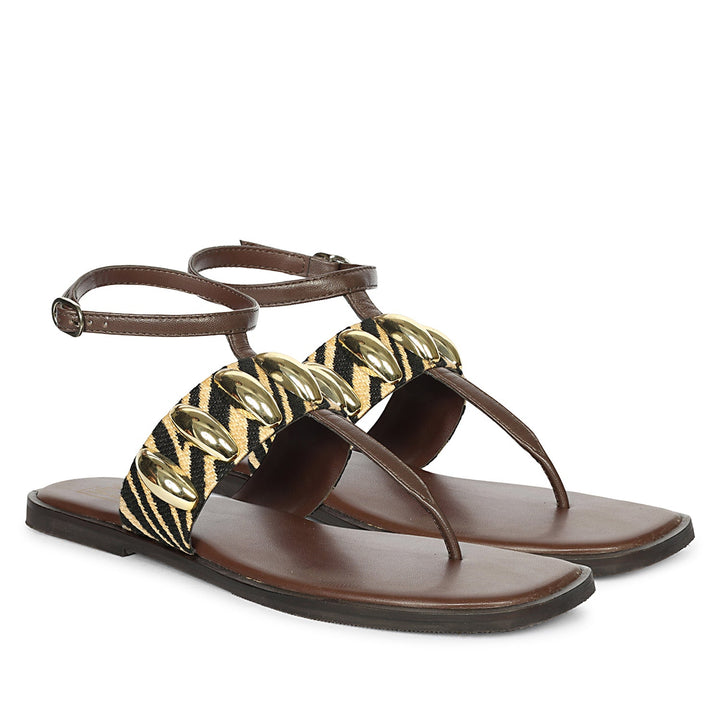 Arlette Black Beige Leather Flat Sandals