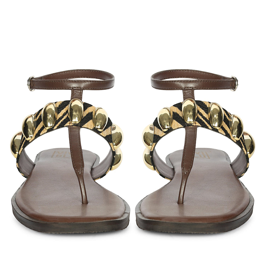 Arlette Black Beige Leather Flat Sandals