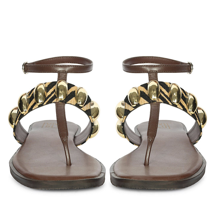 Arlette Black Beige Leather Flat Sandals