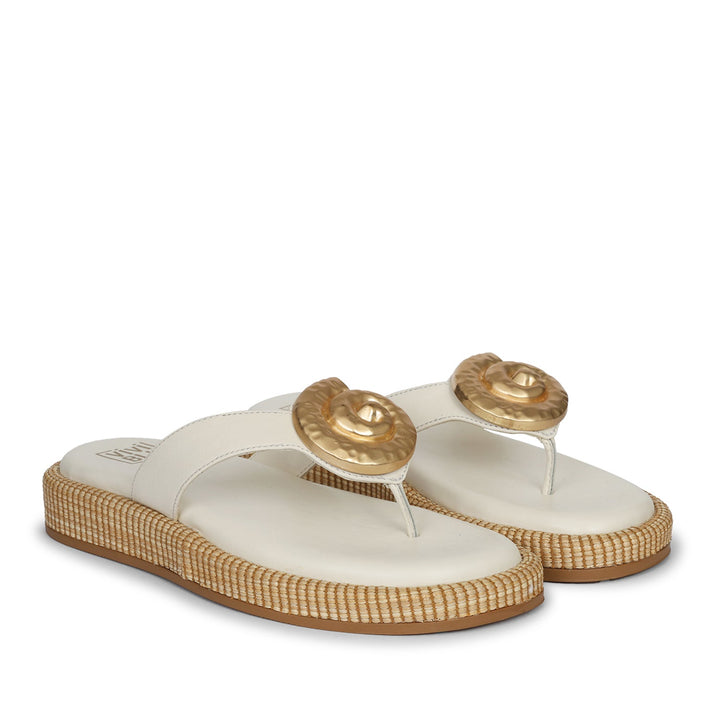 Elle Off White Leather Flat Sandals