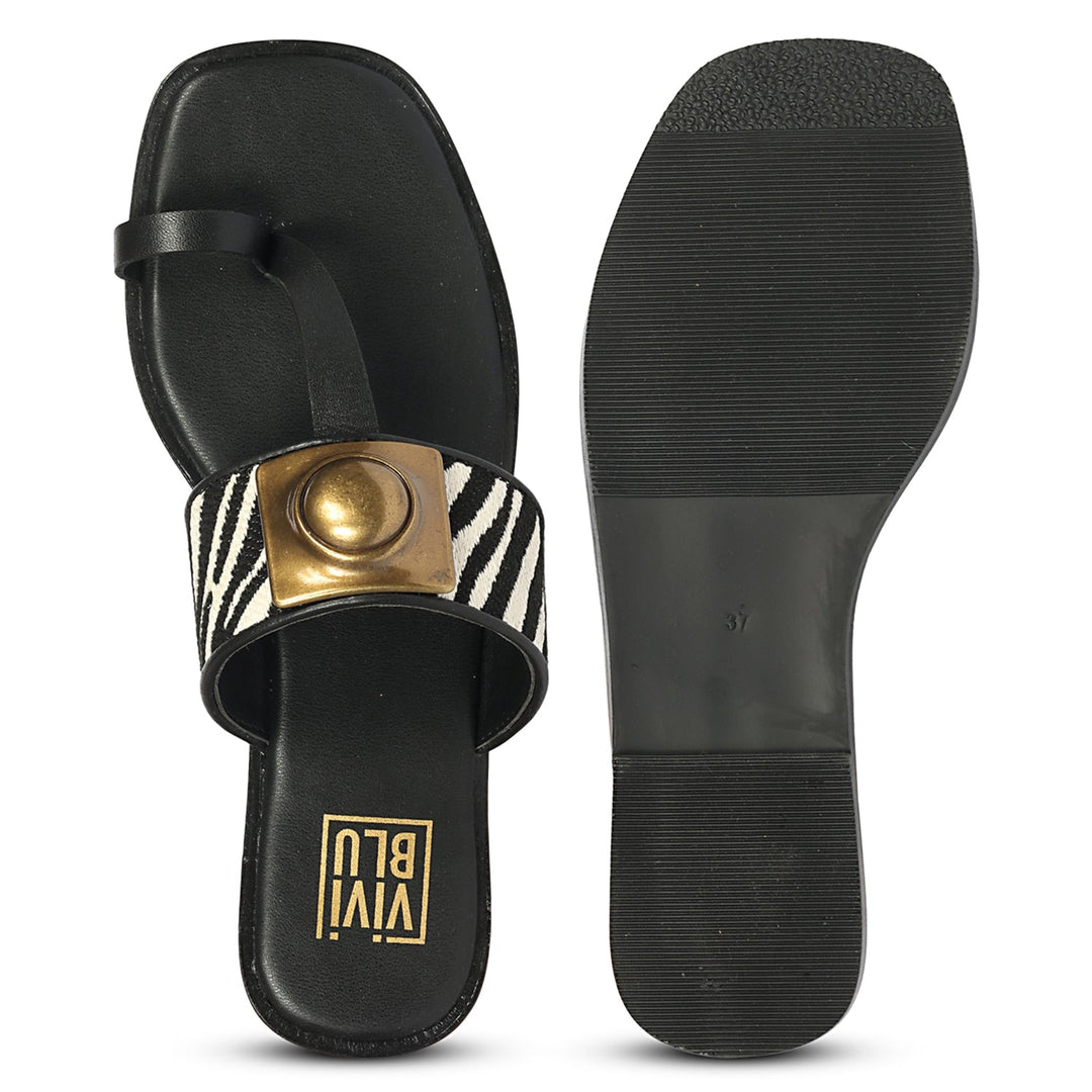 Lilian Black & White Leather Flat Sandals