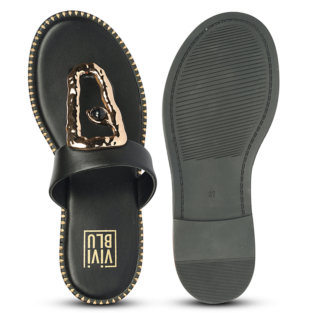 Solana Black Leather Flat Sandals