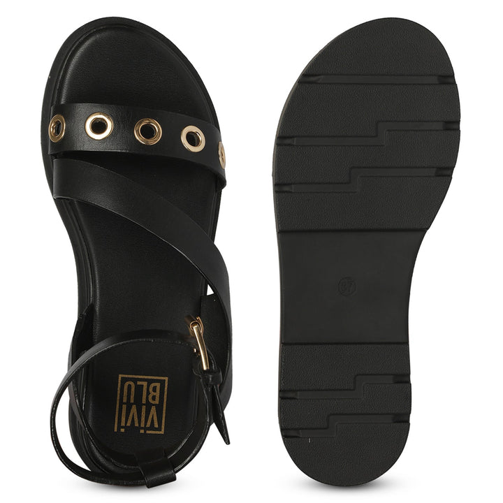 Brinley Black Leather Flat Sandals
