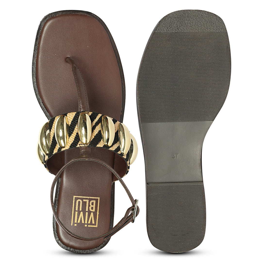 Arlette Black Beige Leather Flat Sandals