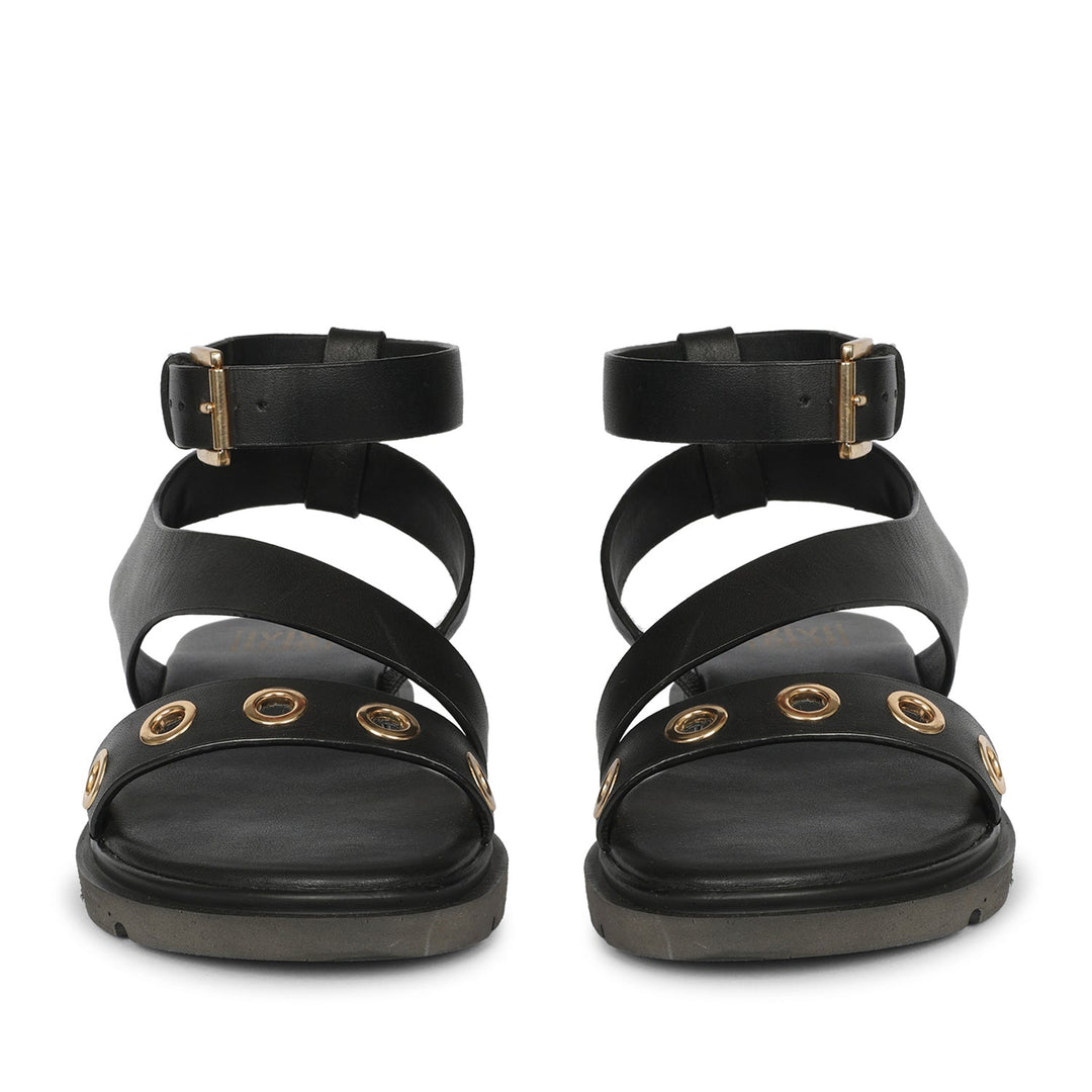 Brinley Black Leather Flat Sandals