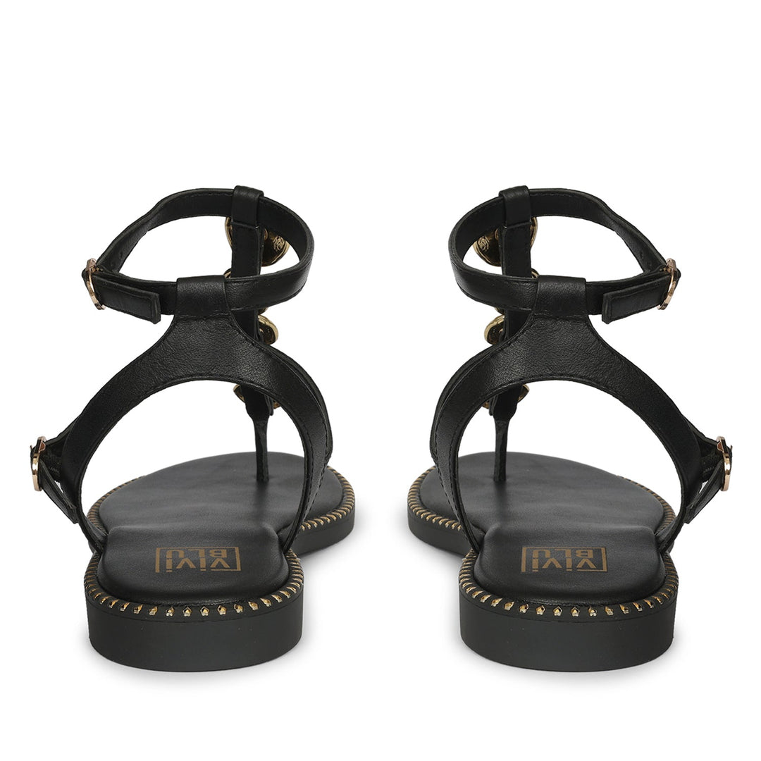 Gloria Black Leather Flat Sandals